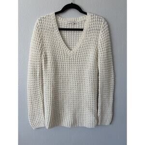 Bella Luxx Ivory Knit Peruvian Alpaca Blend Oversize V-Neck Fisherman Sweater S